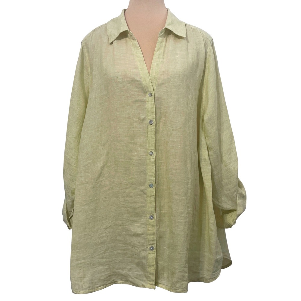 Sigrid Olsen Linen‎ Button Down Shirt 2X Yellow Coastal Grandma Lagenlook Casual